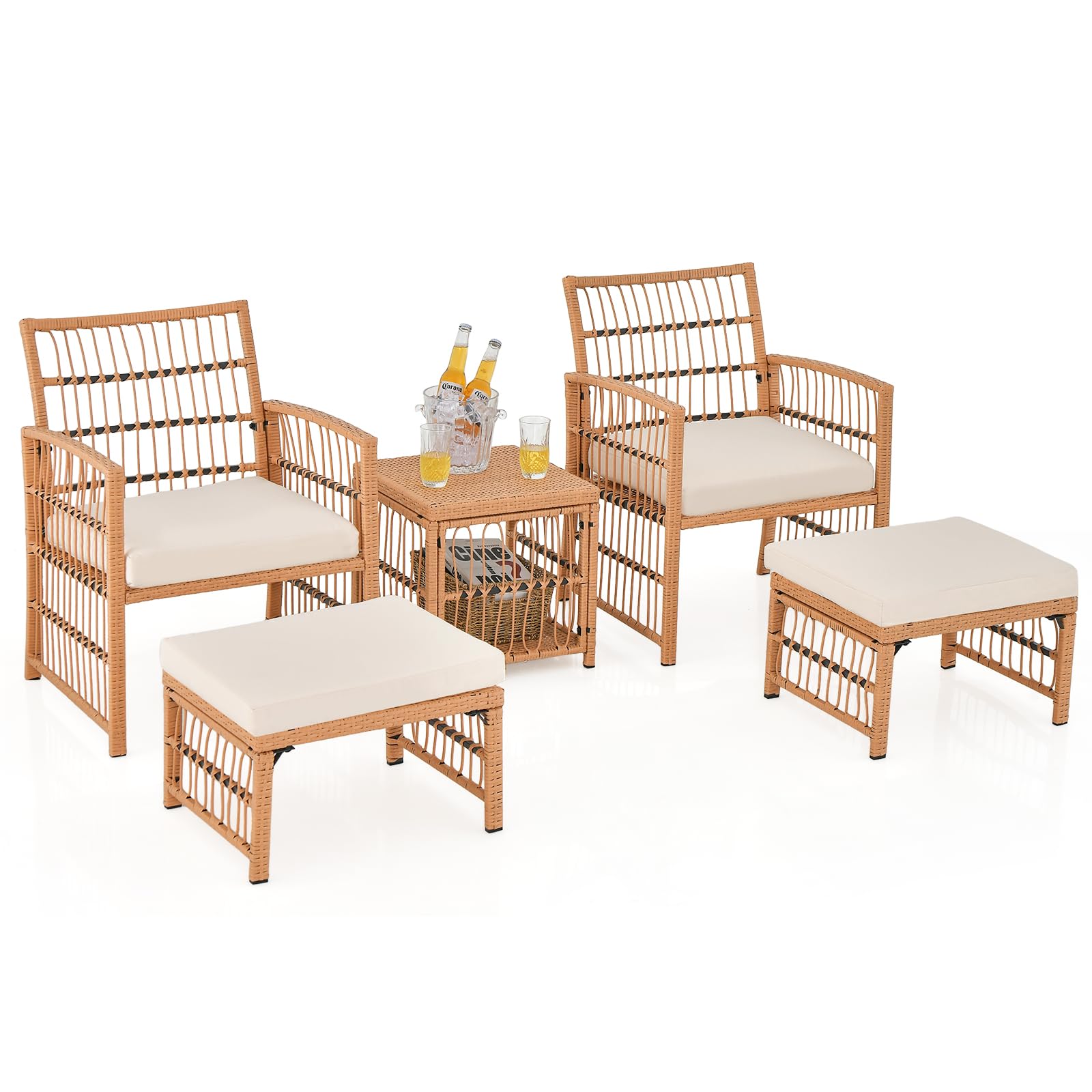 Tangkula 5 Piece Patio Wicker Sofa Set, Outdoor Rattan Conversation Set with Seat & Back Cushions (Natural)